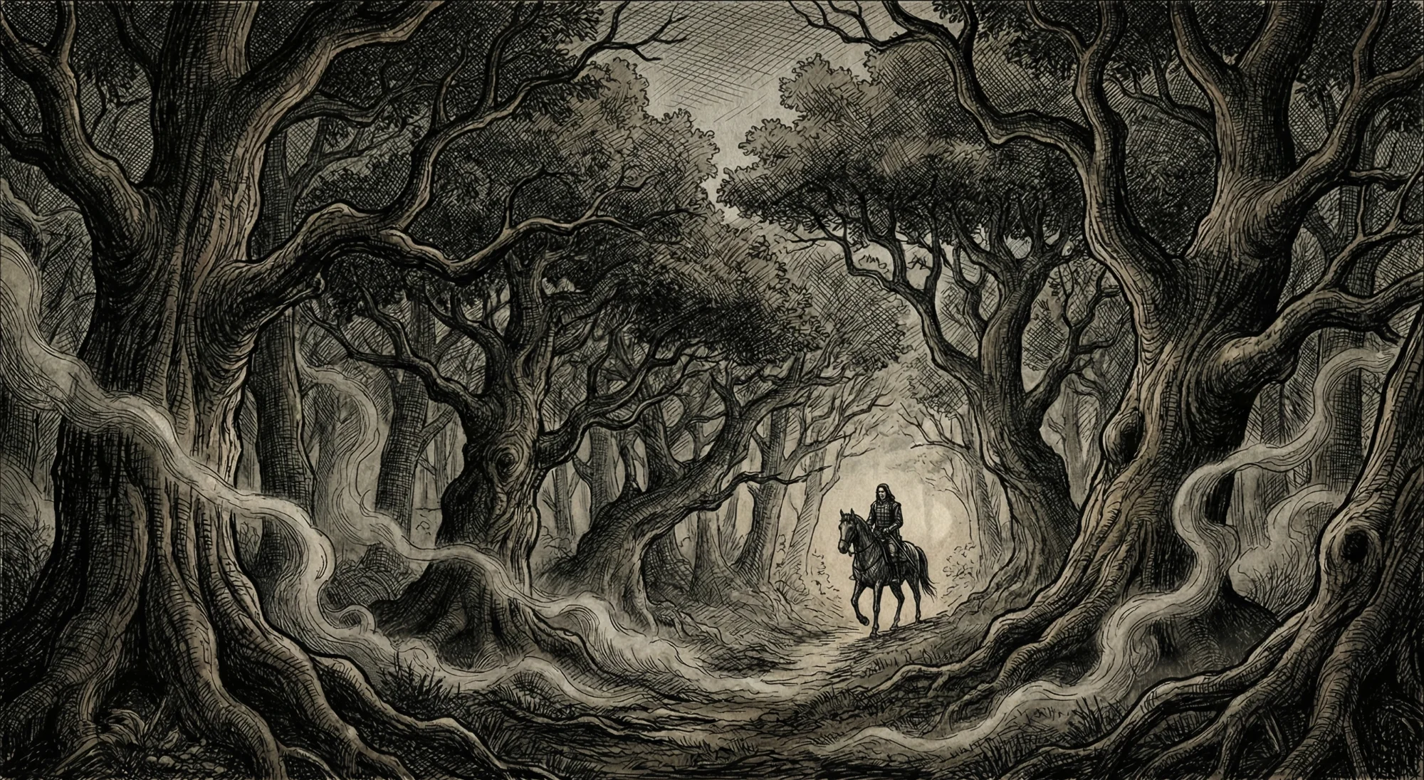 Dark tavern scene in the rain - atmospheric illustration from The Last Trial